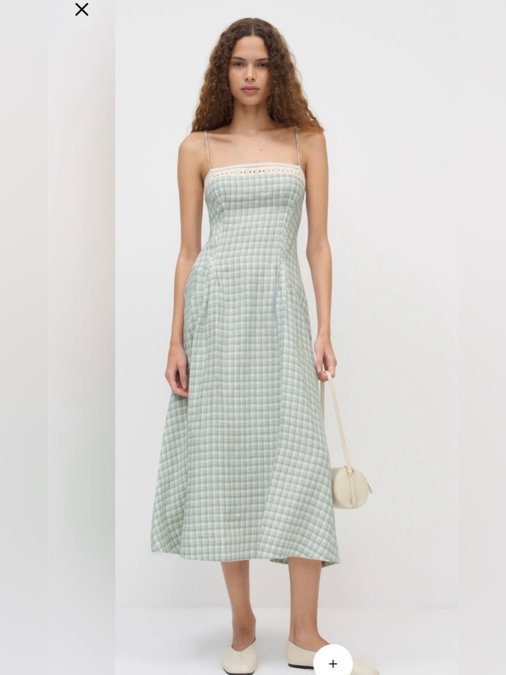 Reformation Pomona Light Sage Linen Gingham Square-Neck Midi Dress